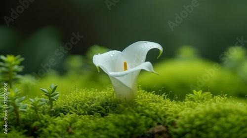A pristine white lily emerging from a bed of emerald moss