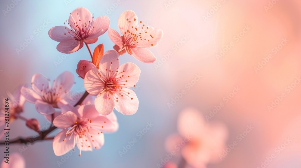 A delicate cherry blossom branch against a soft pastel sky - obrazy, fototapety, plakaty 