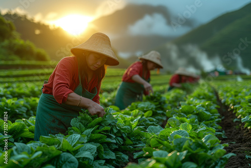 A group of women farmers working together in a vibrant field, highlighting their pivotal role in agriculture and food production. Generative Ai.