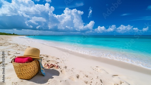 A panoramic view of a beach bag, towel, and flip-flops set against a backdrop of white sand and turquoise water at Anguilla Island. This scene embodies the concept of vacation
