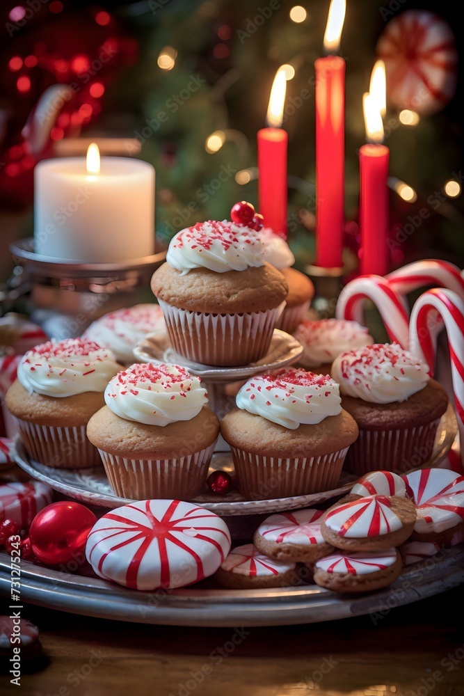 Holiday treats like candy canes, gingerbread cookies, and festive cupcakes are beautifully arranged on plates