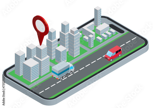 ナビゲーションのイメージイラスト　スマートフォンの画面に立体的なビル群とトラック自動車　アイソメトリック
