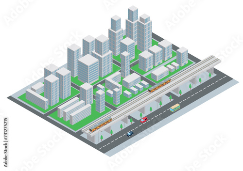 アイソメトリックの都市景観のイラスト　高層ビル群と鉄道と道路と自動車