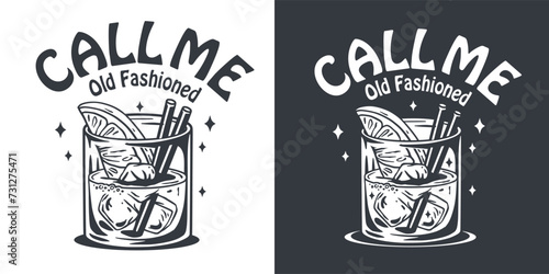 Monochrome old fashioned cocktail with ice, cherry and splash for design of bar menu. American alcohol cocktail with whisky and bourbon for drink party. Tee print