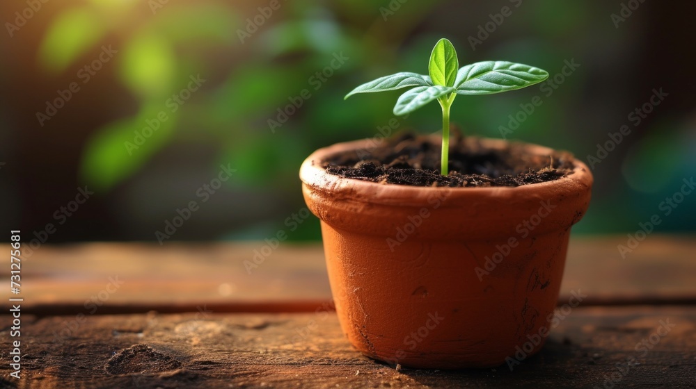 A close-up of a small, sprouting plant in a terracotta pot, representing spring growth and potential A close-up of a small, sprouting plant in a terracotta pot, representing spring growth and potential