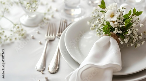 A simple white table setting with a small bouquet of wildflowers, celebrating spring's simplicity
