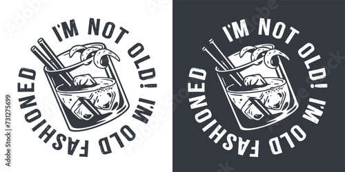 Monochrome old fashioned cocktail with ice, cherry and splash for design of bar menu. American alcohol cocktail with whisky and bourbon for drink party. Tee print