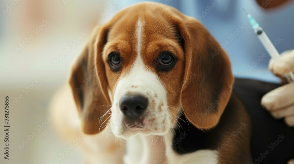 Photo of a beagle puppy being examined and vaccinated by a veterinarian at a veterinary clinic