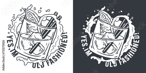 Monochrome old fashioned cocktail with ice, cherry and splash for design of bar menu. American alcohol cocktail with whisky and bourbon for drink party. Tee print