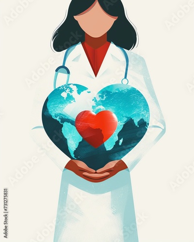 Abstract Healthcare Professional Embracing a Globe with a Heart Overlay photo