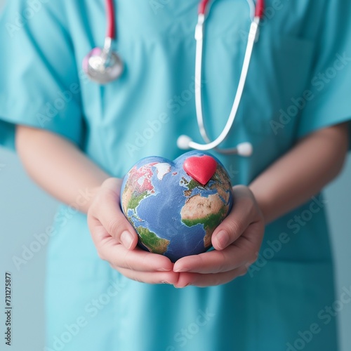 Medical Professional with Stethoscope Holding Earth with a Heart photo