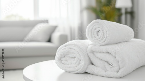 A roll-up of white towels on a white table, with copy space available, set against a blurred living room background. This setup is ideal for product display montages