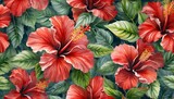 red hibiscus flowers seamless pattern