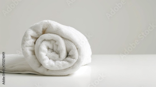 A rolled-up white beach towel against a white background