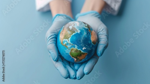 Protective Medical Gloves Holding a World Globe for International Health Awareness