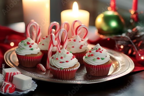 Holiday treats like candy canes  gingerbread cookies  and festive cupcakes are beautifully arranged on plates