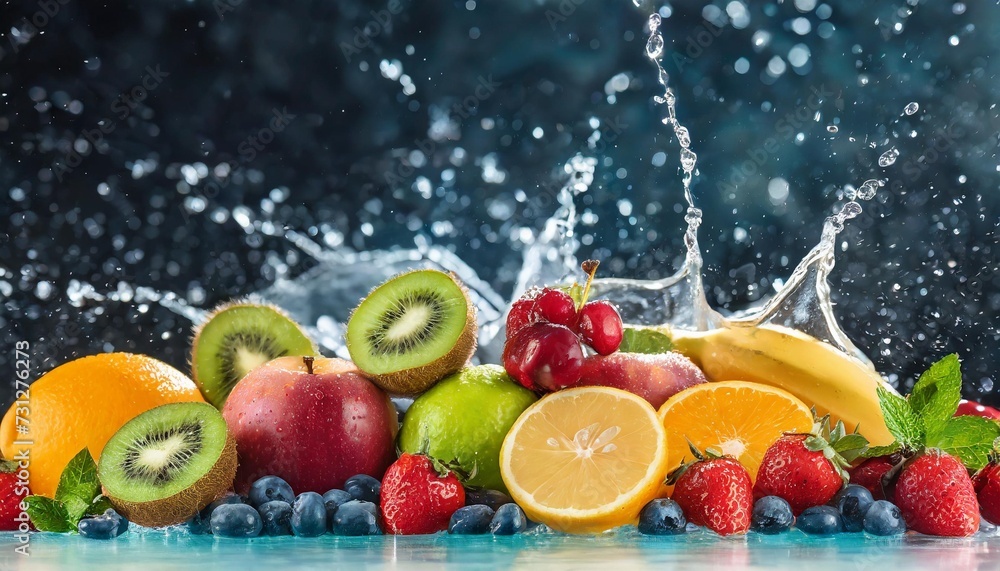 Fototapeta premium assortment of fresh fruits and water splashes on panoramic background