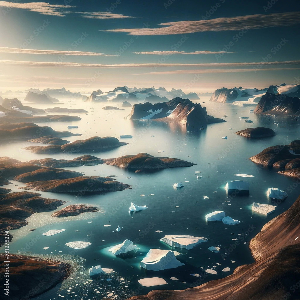 Calm Arctic seascape with islands, golden light, and icebergs. AI generated