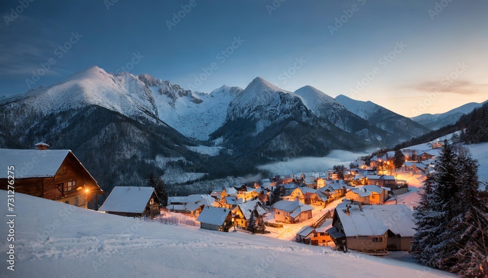 view of snowy mountain range and village with illuminated houses located at bottom of hill in slovkia at sundown