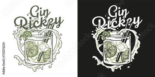 Gin rickey cocktail vector with mint and lime for cocktail bar or drink summer party. Mojito with rum, bourbon for beach bar and cafe menu