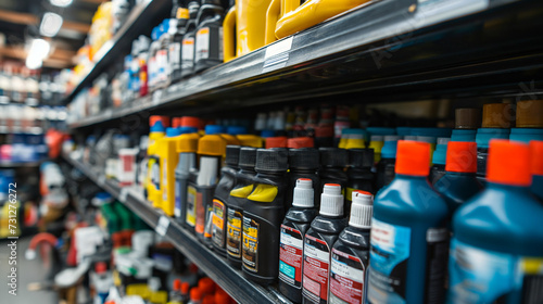 Vibrant selection of motor oils and vehicle fluids on auto shop shelves, showcasing a variety of brands and viscosities for car maintenance