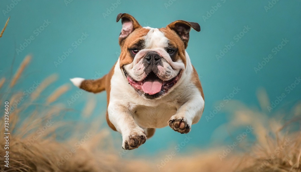 bulldog dog is jumping and running isolated on blue cyan background