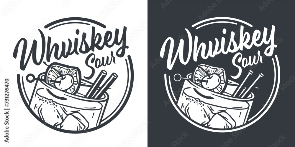 Monochrome whiskey sour or old fashioned cocktail with ice, cherry and splash for design of bar menu. American alcohol cocktail with whisky and bourbon for drink party. Tee print