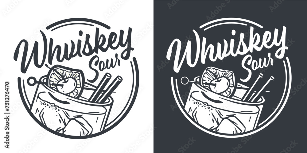 Monochrome whiskey sour or old fashioned cocktail with ice, cherry and splash for design of bar menu. American alcohol cocktail with whisky and bourbon for drink party. Tee print Monochrome whiskey sour or old fashioned cocktail with ice, cherry and splash for design of bar menu. American alcohol cocktail with whisky and bourbon for drink party. Tee print