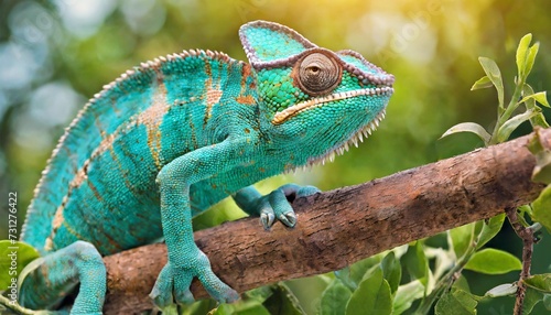 turquoise chameleon on a tree branch