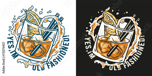 Old fashioned cocktail with ice, cherry and splash for design of bar menu. American alcohol cocktail with whisky and bourbon for drink party. Tee print