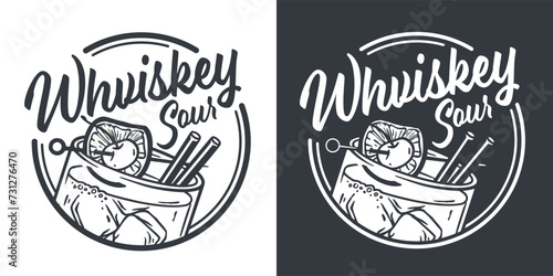 Monochrome whiskey sour or old fashioned cocktail with ice  cherry and splash for design of bar menu. American alcohol cocktail with whisky and bourbon for drink party. Tee print