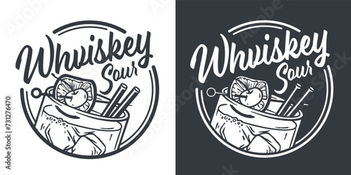 Monochrome whiskey sour or old fashioned cocktail with ice, cherry and splash for design of bar menu. American alcohol cocktail with whisky and bourbon for drink party. Tee print