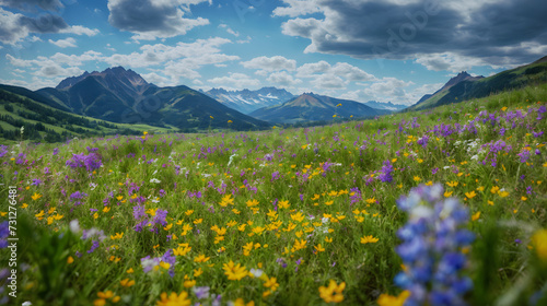 Colorful meadow with wildflowers and mountains in the background