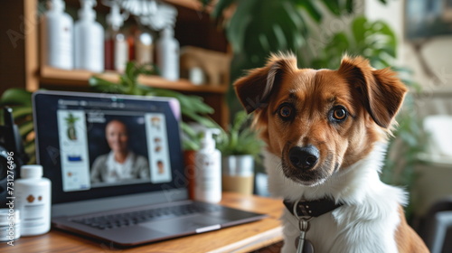 attentive dog sits by a laptop with a herbalist on screen, suggesting an interest in natural wellness © weerasak