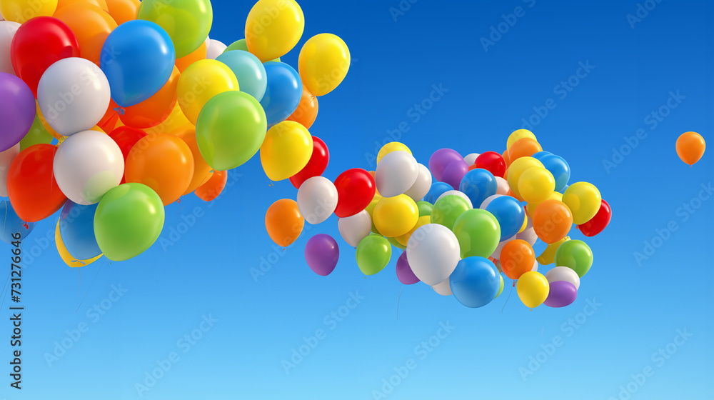 Colourful party balloons flying in clear blue sky