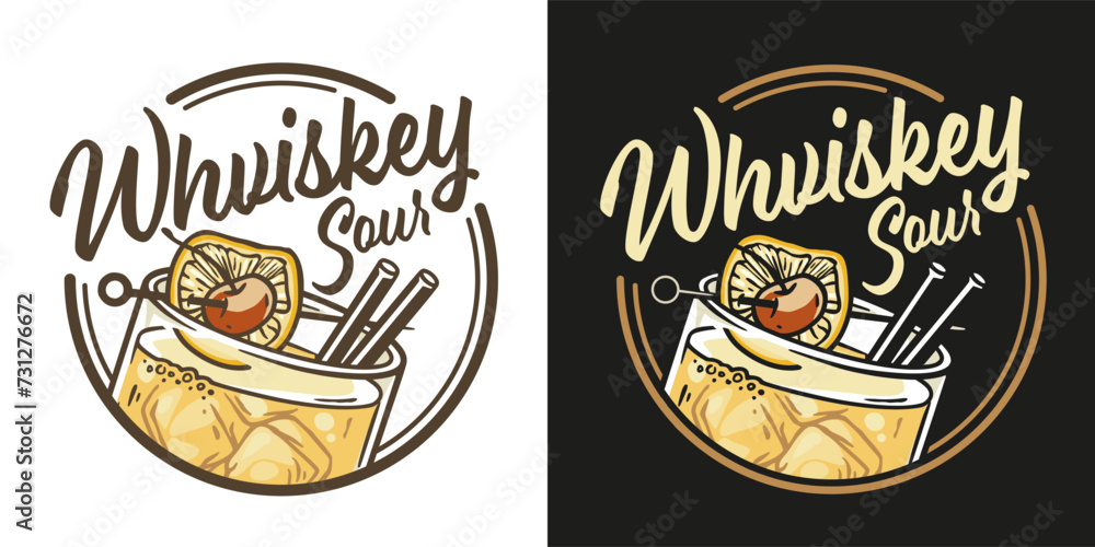 Whiskey sour or old fashioned cocktail with ice, cherry and splash for design of bar menu. American alcohol cocktail with whisky and bourbon for drink party. Tee print