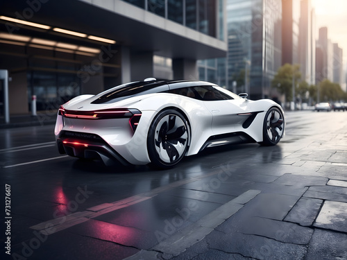 Futuristic electric sports car driving on city highways with a full self-driving system parked at a battery charging station network infrastructure wide banner hud datum design.