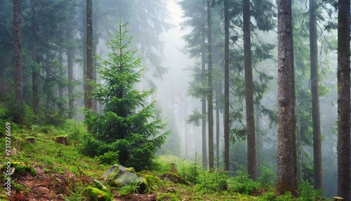 misty fir forest