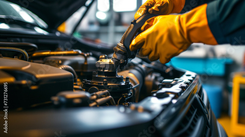 Professional mechanic in safety gloves performing brake fluid check and maintenance, under the hood of a car in an automotive workshop setting.