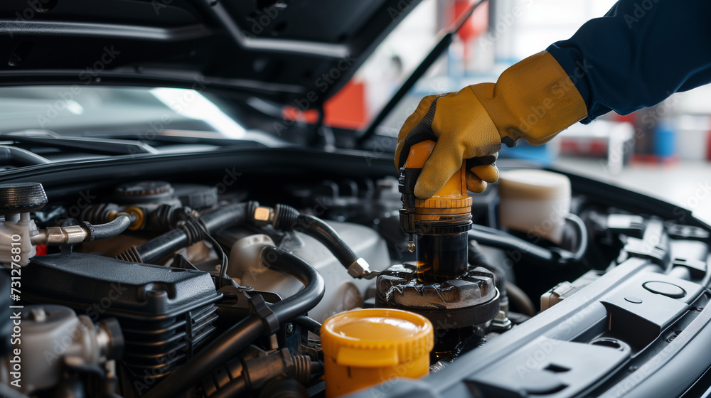 Professional mechanic in gloves checking brake fluid level, car maintenance and safety inspection, modern vehicle engine under hood in auto repair shop Professional mechanic in gloves checking brake fluid level, car maintenance and safety inspection, modern vehicle engine under hood in auto repair shop