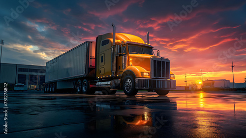 Truck on the road at sunset. Transportation and logistics concept.