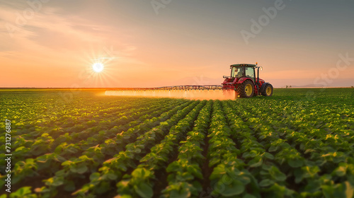 Tractor spraying pesticides on soybean field with sprayer at sunset