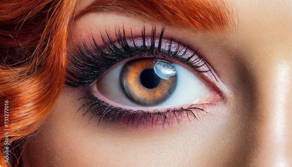 close up of a womans eye with dramatic false lashes black eyeliner and eyeshadow generated