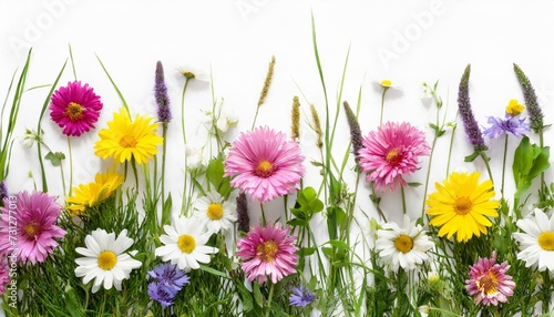 meadow flowers and grass creative layout isolated on white background
