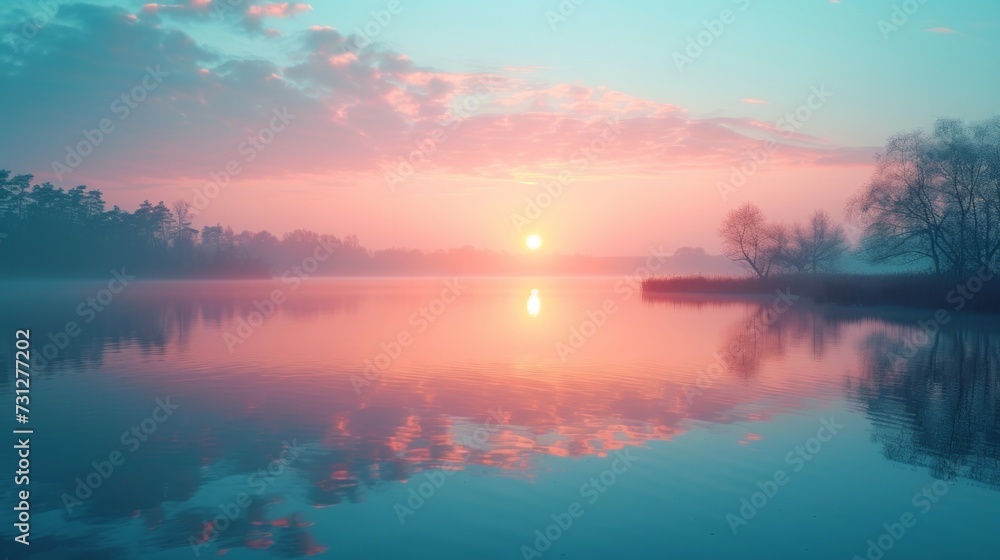 A soft-focus image of a pastel sunrise over a calm lake