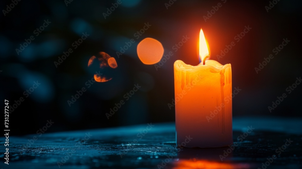 A single white candle burning against a dark, reflective surface A single white candle burning against a dark, reflective surface