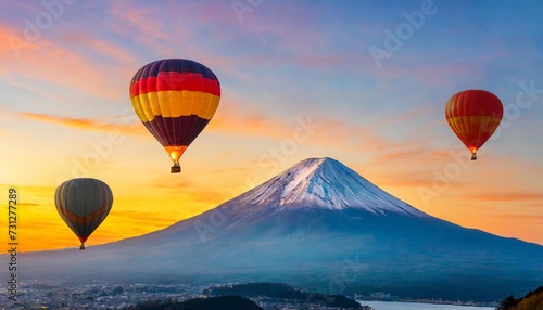 view of beautiful fuji mountain with hotr balloon at sunset
