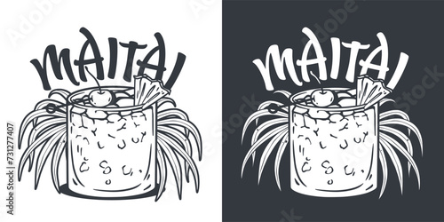 Monochrome Mai Tai cocktail vector with slice of pineapple and cherry for cocktail bar or drink summer party. Exotic cocktail with tequila for beach bar and cafe menu