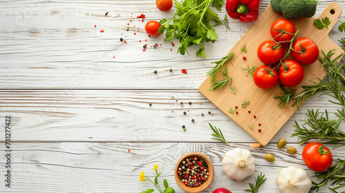 a cutting board with tomatoes, garlic, and herbs