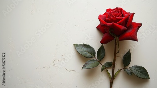 A stark image of a single red rose against a white backdrop